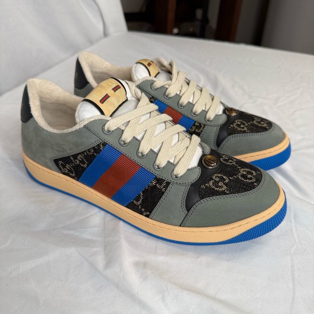 Gucci Screener Sneakers Fabric with Blue and Red Stripes NWOT - Picture 2 of 12